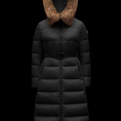 2022 Moncler Boucage Parka Long Down Jacket Women Fur Hooded Collar Down Puffer Coat Winter Outerwear Black