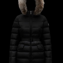 2022 Moncler Clion Parka Short Down Jacket Women Waist Fur Hooded Collar Down Puffer Coat Winter Outerwear Black