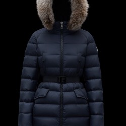 2022 Moncler Clion Parka Short Down Jacket Women Waist Fur Hooded Collar Down Puffer Coat Winter Outerwear Night Blue