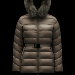 2022 Moncler Cupidone Fur Collar Short Down Jacket Women Waist Down Puffer Coat Winter Outerwear Taupe