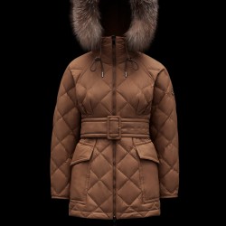2022 Moncler Ficodie Fur Collar Short Down Jacket Women Waist Down Puffer Coat Winter Outerwear Brown