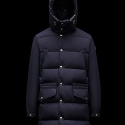 MONCLER Commercy Long Down Jacket Mens Hooded Puffer Down Coat Winter Outerwear Night Blue