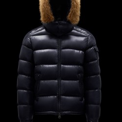 Moncler Maya Fur Short Quilted Down Jackets Mens Hooded Puffer Coat Winter Outwear Night Blue