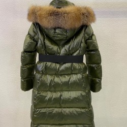 Moncler Down Jacket Women Long Coat Winter Ourtwear With Fur Collar Hat Army Green 