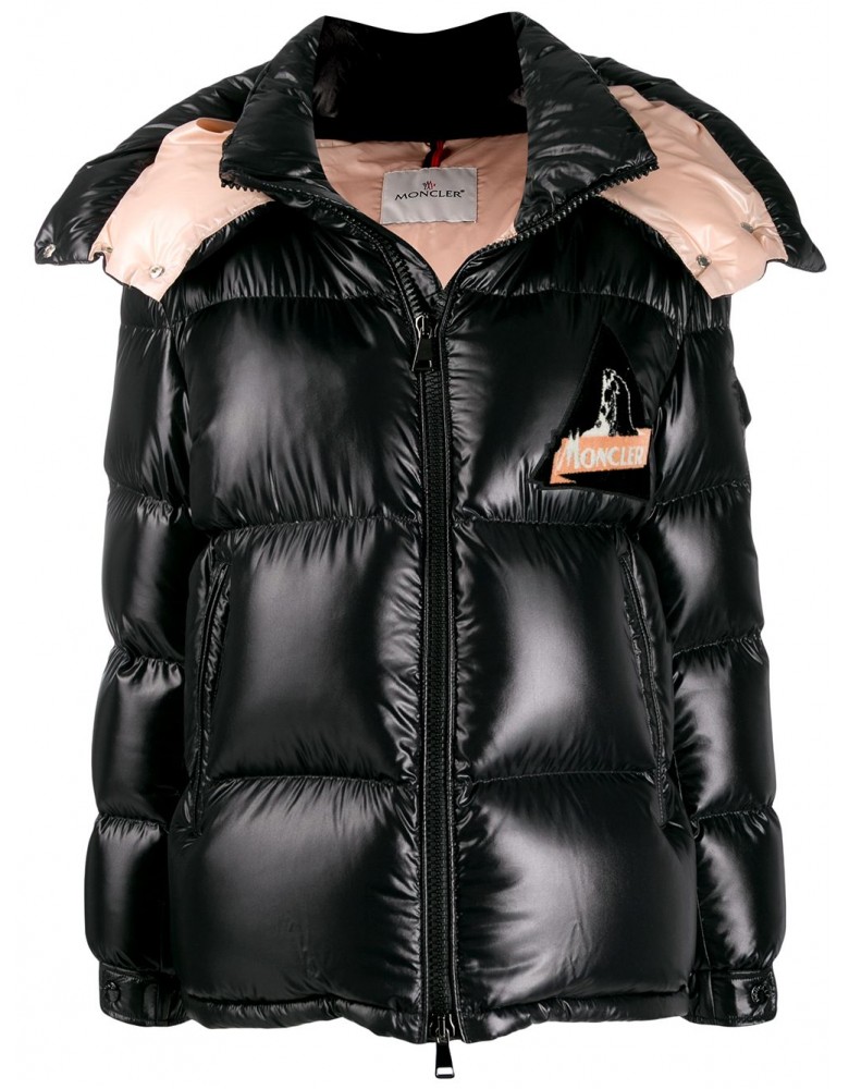 Moncler Wilson Logo Patch Down Puffer Jacket Womens Hooded Down Coat Winter Outwear Black Pink 